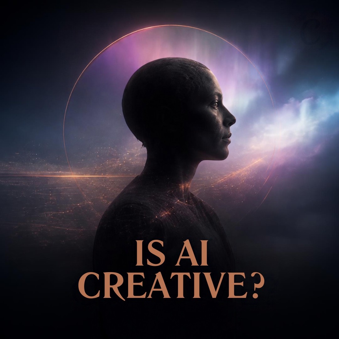 A human profile surrounded by glowing light, with the question: Is AI creative?